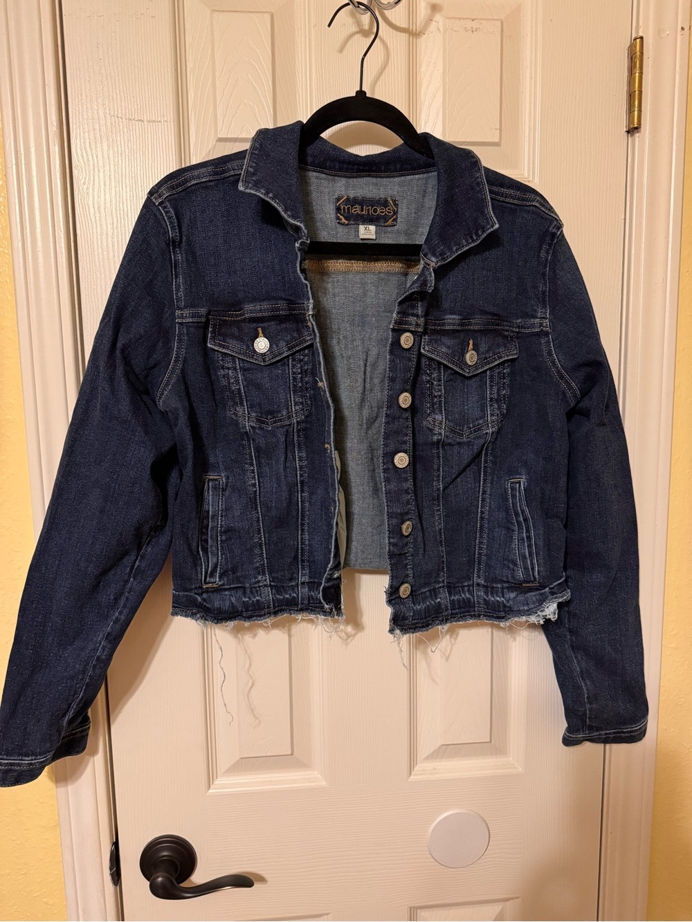 Maurices Dark Blue Cropped Denim Jacket with Frayed Hem